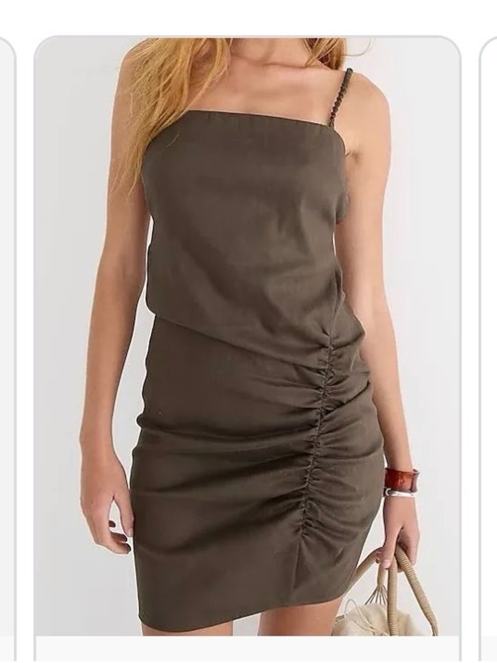 J. Crew Olive Slim Ruched Mini Dress with Spaghetti Strap